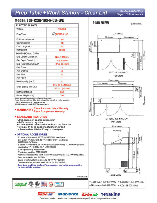 Turbo Air Super Deluxe TST-72SD-10S-N-CL 72" 3 Door Refrigerated Sandwich Prep Table with Clear Lid - Donut-Equipment.com