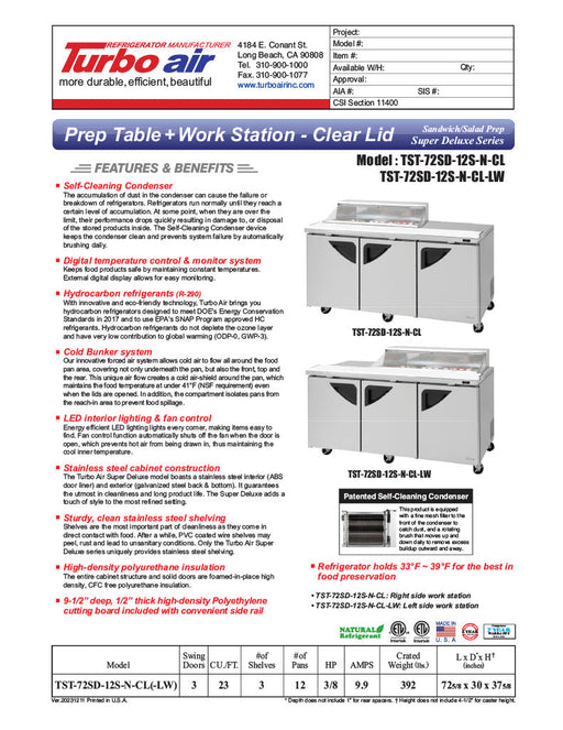 Turbo Air Super Deluxe TST-72SD-12S-N-CL 72" 3 Door Refrigerated Sandwich Prep Table with Clear Lid - Donut-Equipment.com