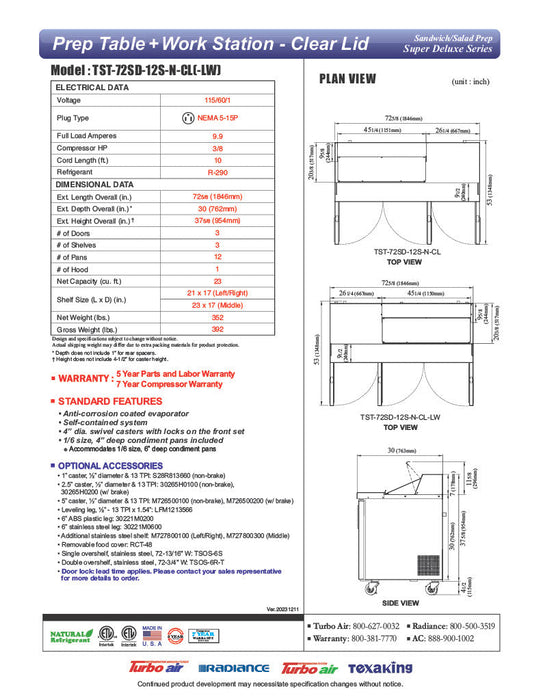 Turbo Air Super Deluxe TST-72SD-12S-N-CL 72" 3 Door Refrigerated Sandwich Prep Table with Clear Lid - Donut-Equipment.com