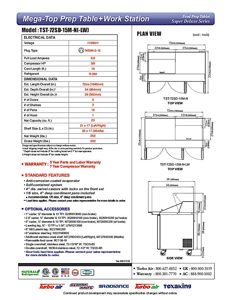 Turbo Air Super Deluxe TST-72SD-15M-N-LW 72" 3 Door Mega Top Refrigerated Sandwich Prep Table with Left Work Station - Donut-Equipment.com