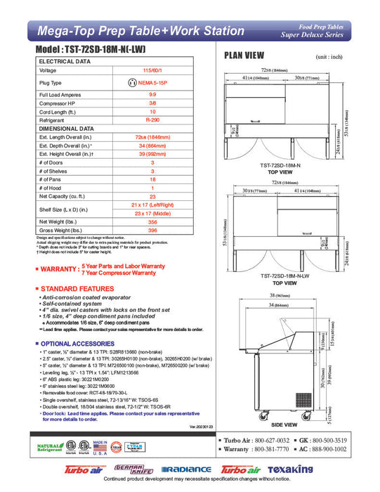 Turbo Air Super Deluxe TST-72SD-18M-N-LW 72" 3 Door Mega Top Refrigerated Sandwich Prep Table with Left Work Station - Donut-Equipment.com