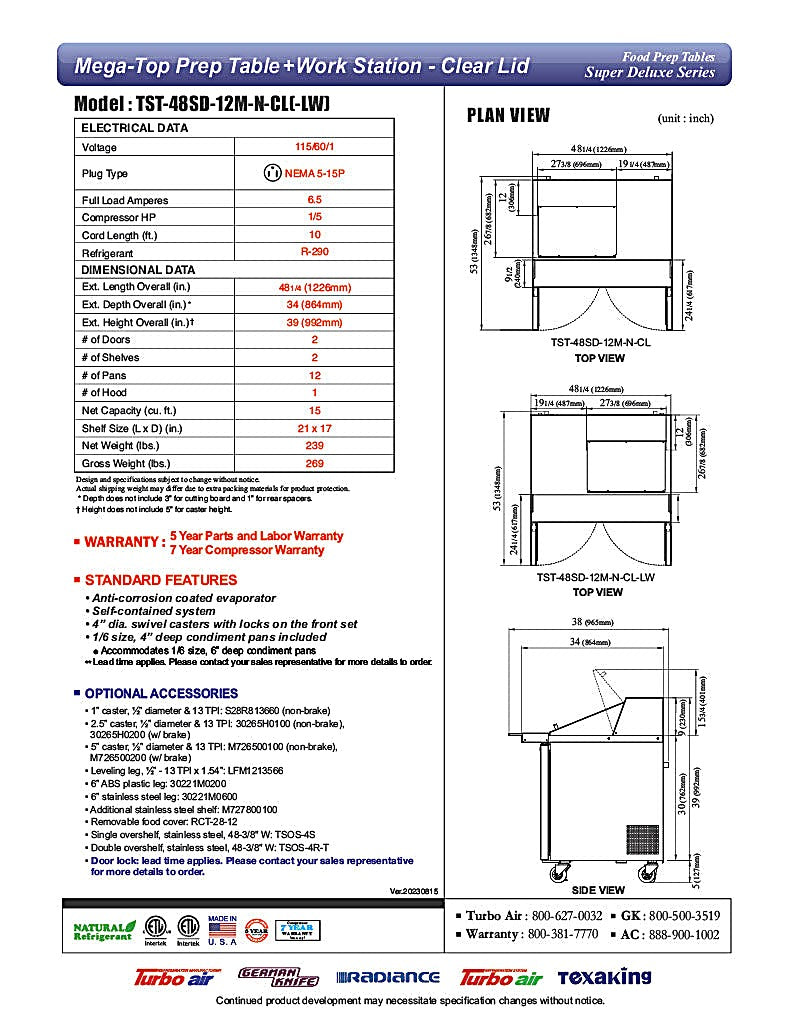 Turbo Air Super Deluxe TST-48SD-12M-N-CL 48" 2 Door Mega Top Refrigerated Sandwich Prep Table with Clear Lid - Donut-Equipment.com