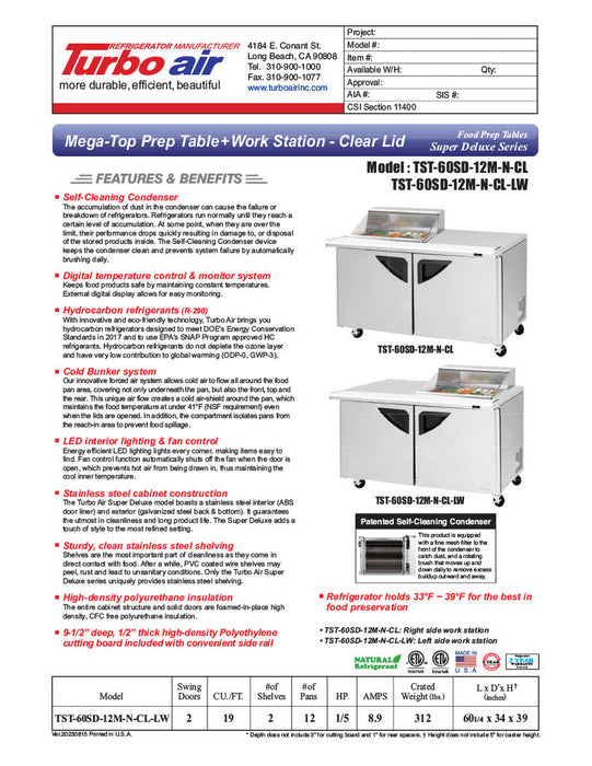 Turbo Air Super Deluxe TST-60SD-12M-N-CL 60" 2 Door Mega Top Refrigerated Sandwich Prep Table with Clear Lid - Donut-Equipment.com