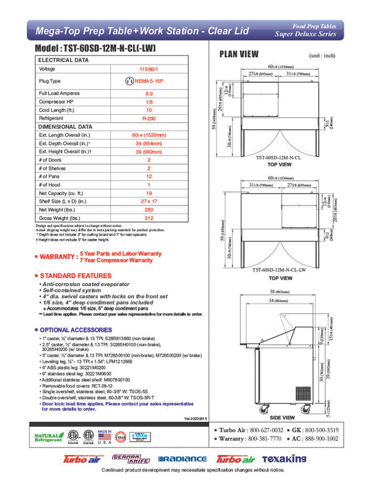 Turbo Air Super Deluxe TST-60SD-12M-N-CL 60" 2 Door Mega Top Refrigerated Sandwich Prep Table with Clear Lid - Donut-Equipment.com