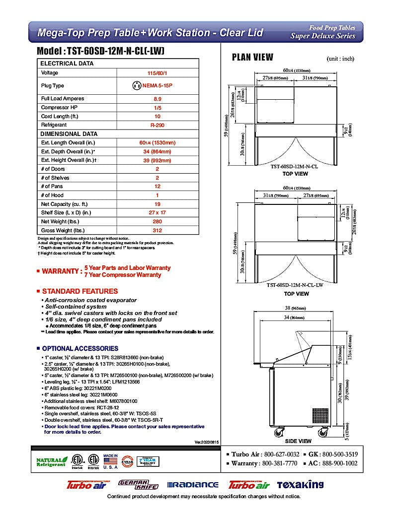 Turbo Air Super Deluxe TST-60SD-12M-N-CL 60" 2 Door Mega Top Refrigerated Sandwich Prep Table with Clear Lid - Donut-Equipment.com