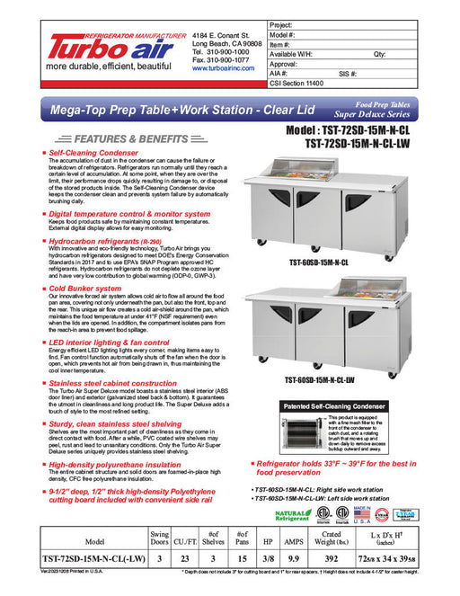 Turbo Air Super Deluxe TST-72SD-15M-N-CL 72" 3 Door Mega Top Refrigerated Sandwich Prep Table with Clear Lid - Donut-Equipment.com