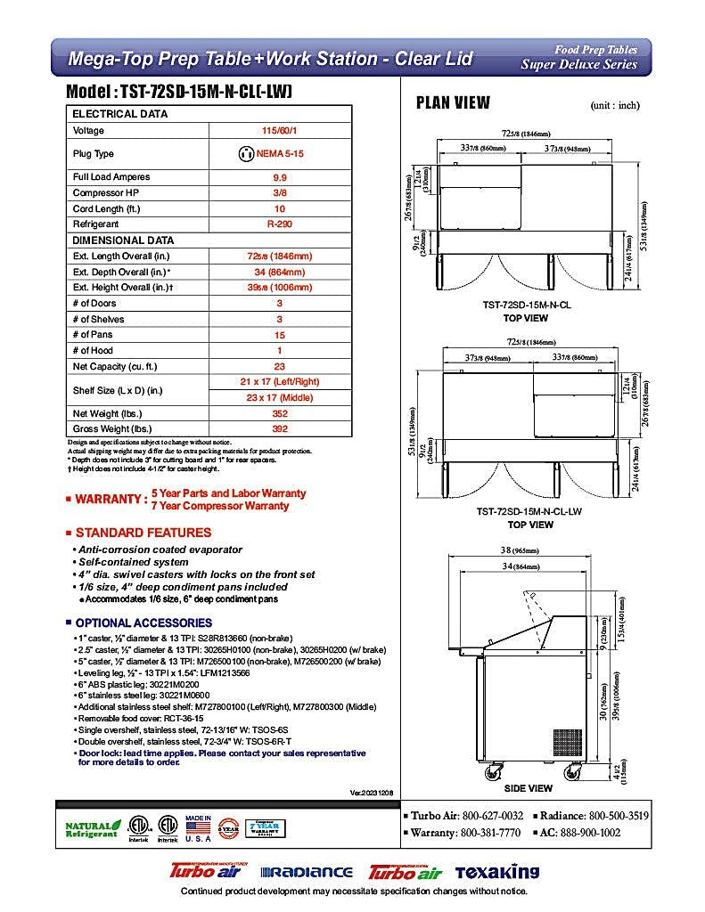 Turbo Air Super Deluxe TST-72SD-15M-N-CL 72" 3 Door Mega Top Refrigerated Sandwich Prep Table with Clear Lid - Donut-Equipment.com