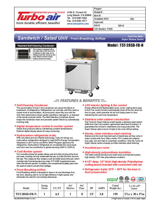 Turbo Air TST-28SD-FB-N 27 1/2" Super Deluxe Sandwich/Salad Prep Table - Donut-Equipment.com