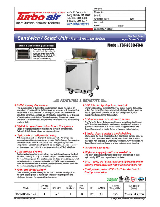 Turbo Air TST-28SD-FB-N 27 1/2" Super Deluxe Sandwich/Salad Prep Table - Donut-Equipment.com