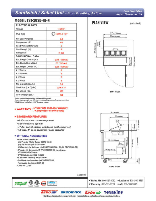 Turbo Air TST-28SD-FB-N 27 1/2" Super Deluxe Sandwich/Salad Prep Table - Donut-Equipment.com