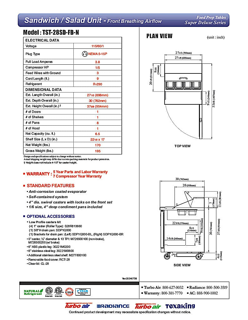 Turbo Air TST-28SD-FB-N 27 1/2" Super Deluxe Sandwich/Salad Prep Table - Donut-Equipment.com