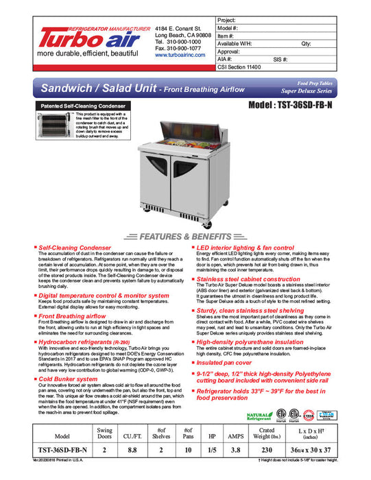 Turbo Air TST-36SD-FB-N 27 1/2" Super Deluxe Sandwich/Salad Prep Table - Donut-Equipment.com