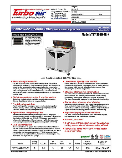 Turbo Air TST-36SD-FB-N 27 1/2" Super Deluxe Sandwich/Salad Prep Table - Donut-Equipment.com