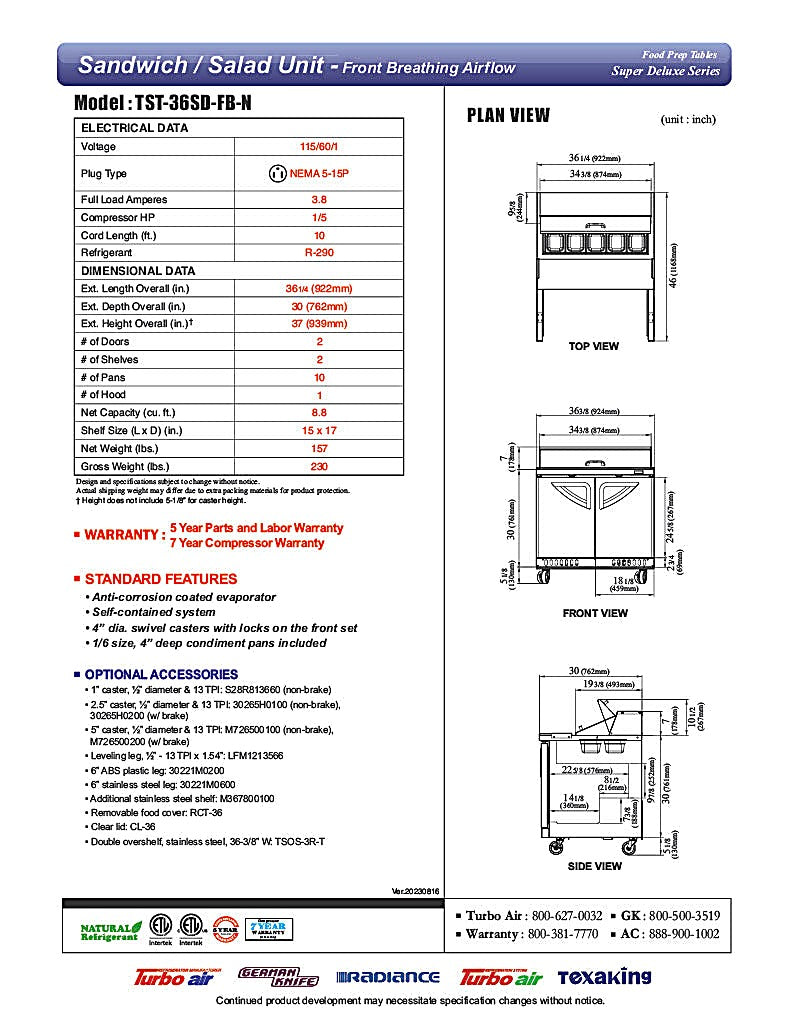 Turbo Air TST-36SD-FB-N 27 1/2" Super Deluxe Sandwich/Salad Prep Table - Donut-Equipment.com