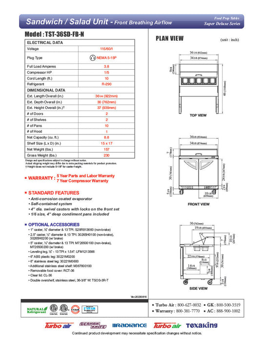 Turbo Air TST-36SD-FB-N 27 1/2" Super Deluxe Sandwich/Salad Prep Table - Donut-Equipment.com
