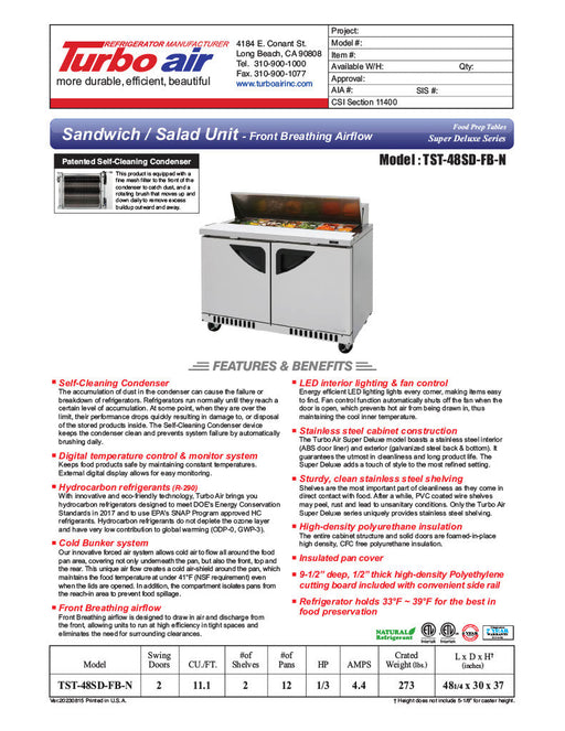 Turbo Air TST-48SD-FB-N 48.25'' Super Deluxe Sandwich/Salad Prep Table - Donut-Equipment.com