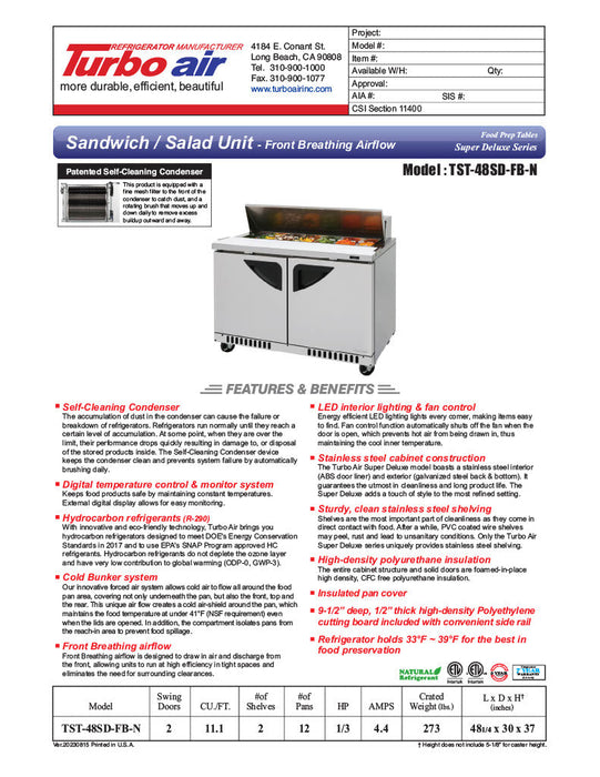 Turbo Air TST-48SD-FB-N 48.25'' Super Deluxe Sandwich/Salad Prep Table - Donut-Equipment.com