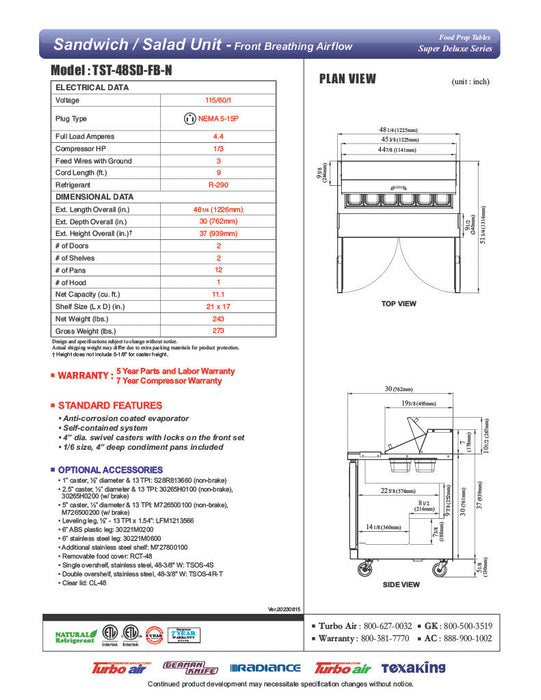 Turbo Air TST-48SD-FB-N 48.25'' Super Deluxe Sandwich/Salad Prep Table - Donut-Equipment.com