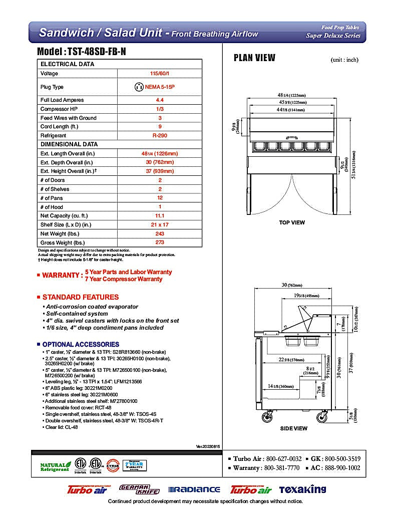 Turbo Air TST-48SD-FB-N 48.25'' Super Deluxe Sandwich/Salad Prep Table - Donut-Equipment.com
