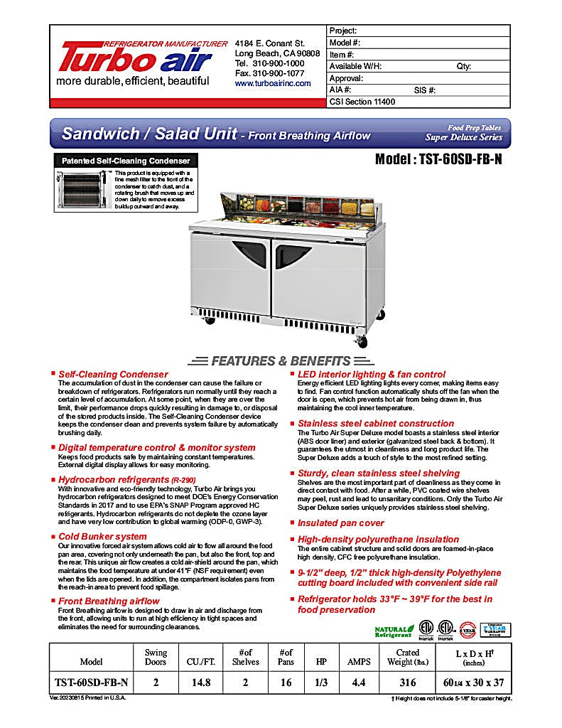 Turbo Air TST-60SD-FB-N 60 1/4" Super Deluxe Sandwich/Salad Prep Table - Donut-Equipment.com