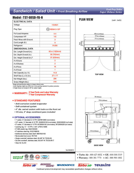 Turbo Air TST-60SD-FB-N 60 1/4" Super Deluxe Sandwich/Salad Prep Table - Donut-Equipment.com