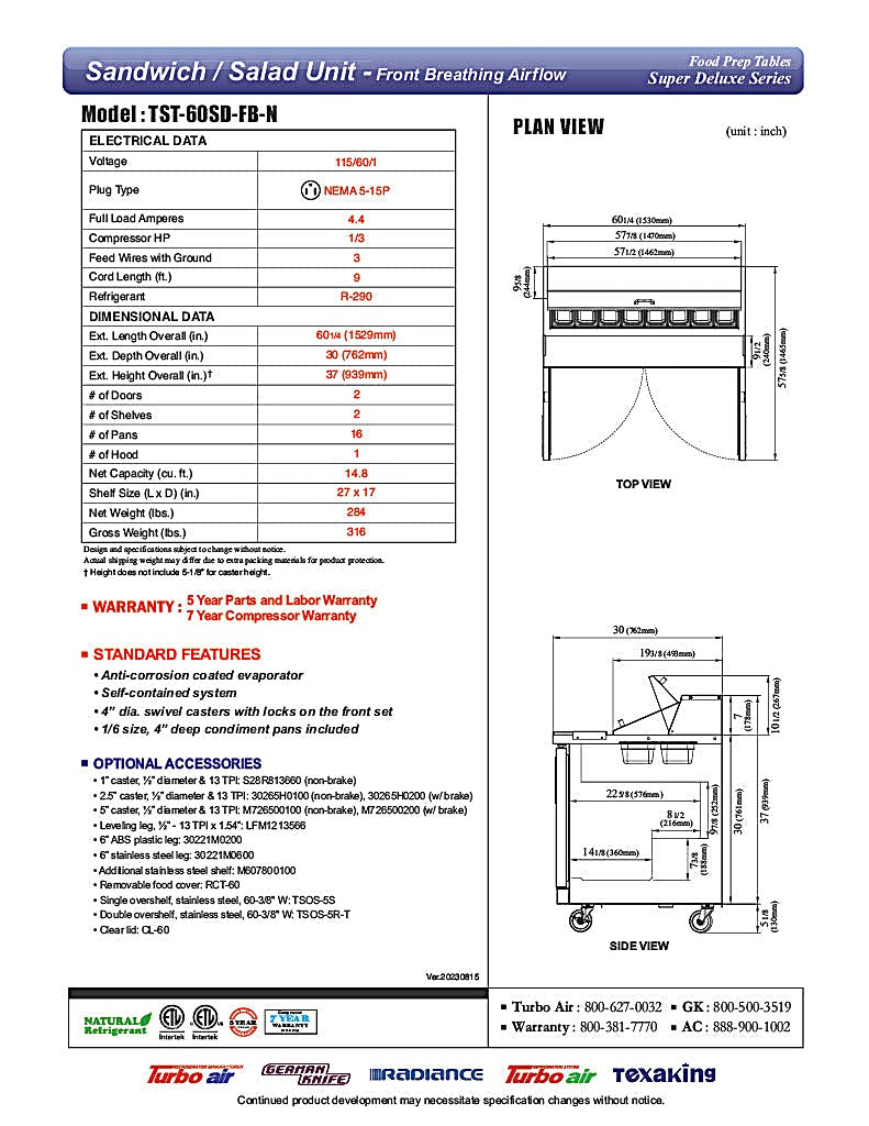 Turbo Air TST-60SD-FB-N 60 1/4" Super Deluxe Sandwich/Salad Prep Table - Donut-Equipment.com
