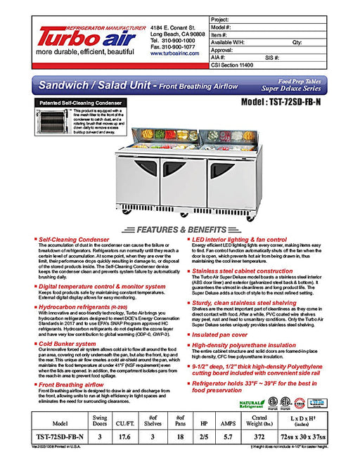 Turbo Air TST-72SD-FB-N 72 5/8" Super Deluxe Sandwich/Salad Prep Table - Donut-Equipment.com