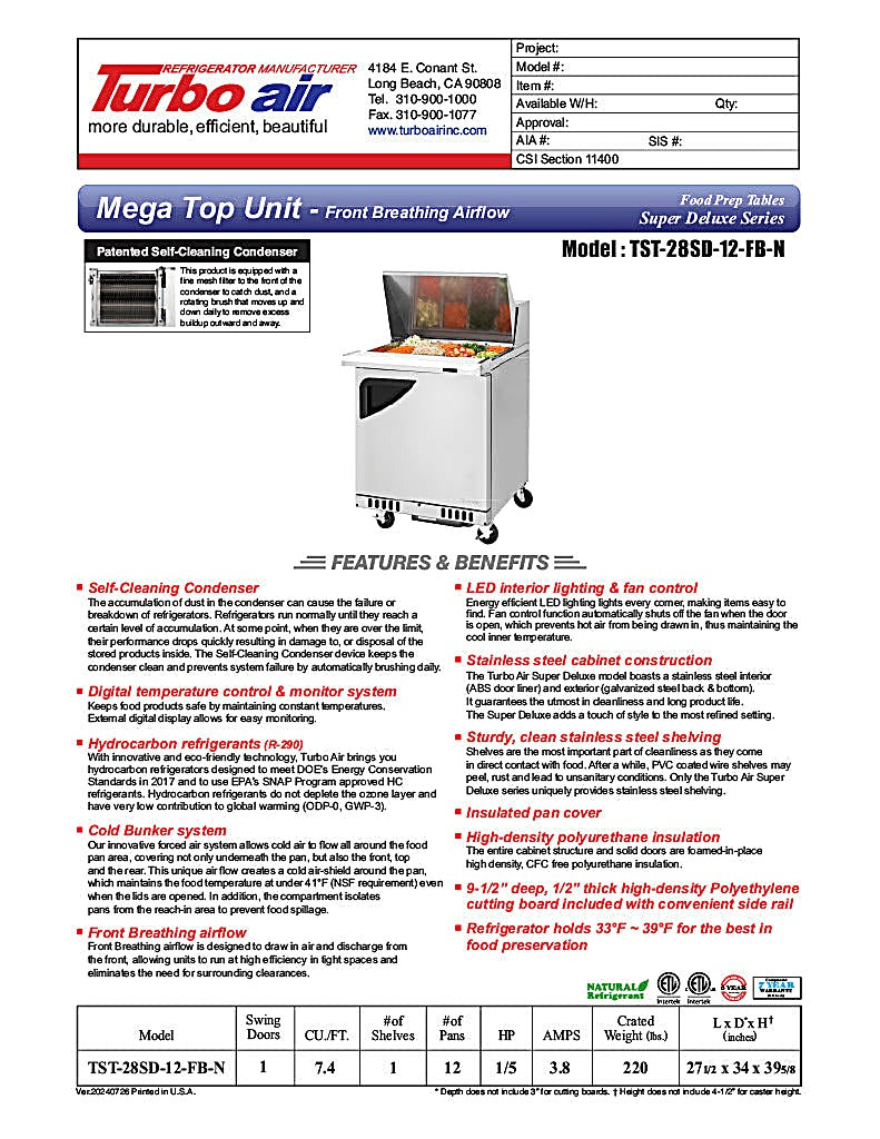 Turbo Air TST-28SD-12-FB-N 27 1/2" Super Deluxe Mega Top Sandwich/Salad Prep Table - Donut-Equipment.com