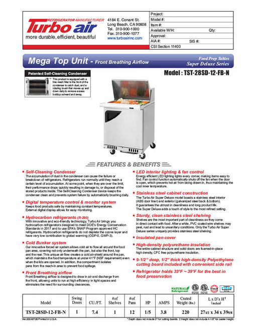 Turbo Air TST-28SD-12-FB-N 27 1/2" Super Deluxe Mega Top Sandwich/Salad Prep Table - Donut-Equipment.com