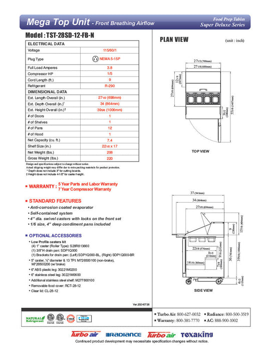 Turbo Air TST-28SD-12-FB-N 27 1/2" Super Deluxe Mega Top Sandwich/Salad Prep Table - Donut-Equipment.com