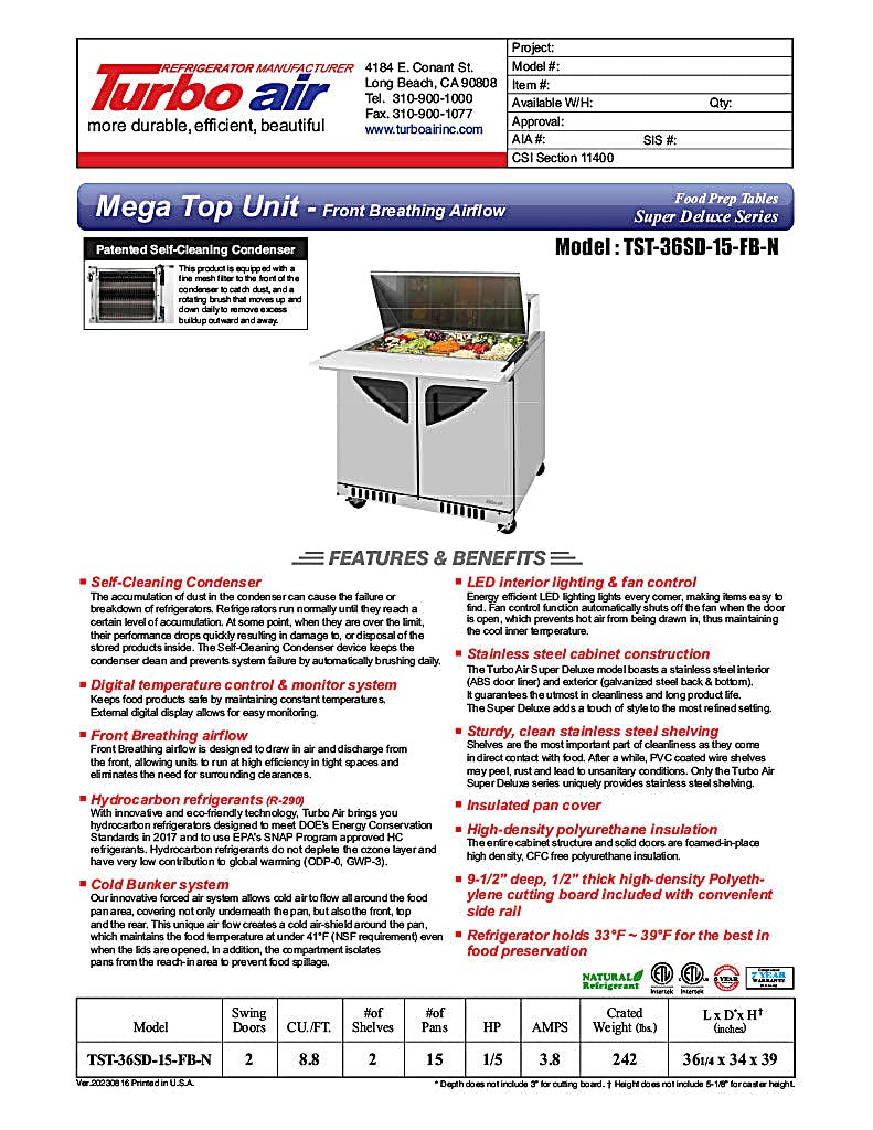 Turbo Air TST-36SD-15-FB-N 36-1/4"  Super Deluxe Mega Top Sandwich/Salad Prep Table - Donut-Equipment.com