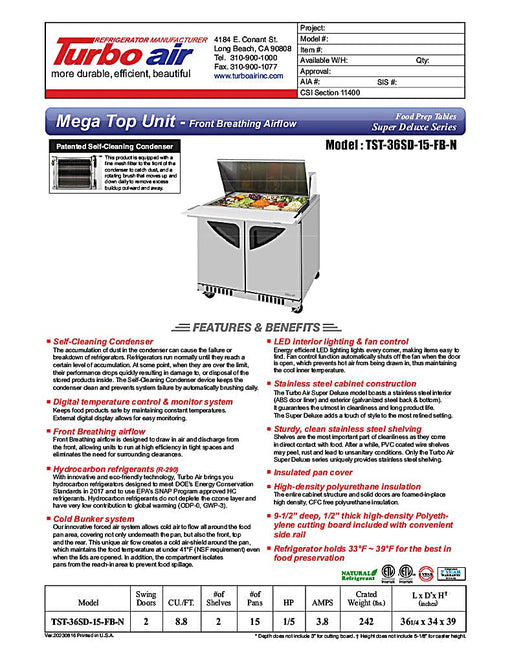Turbo Air TST-36SD-15-FB-N 36-1/4"  Super Deluxe Mega Top Sandwich/Salad Prep Table - Donut-Equipment.com