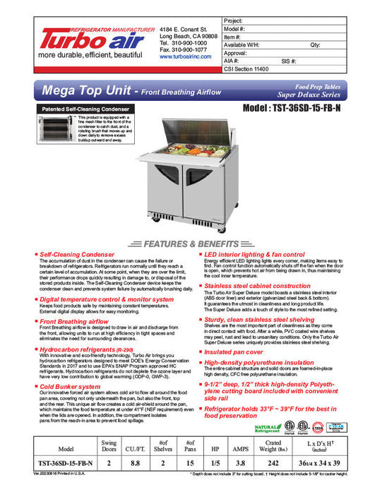 Turbo Air TST-36SD-15-FB-N 36-1/4"  Super Deluxe Mega Top Sandwich/Salad Prep Table - Donut-Equipment.com