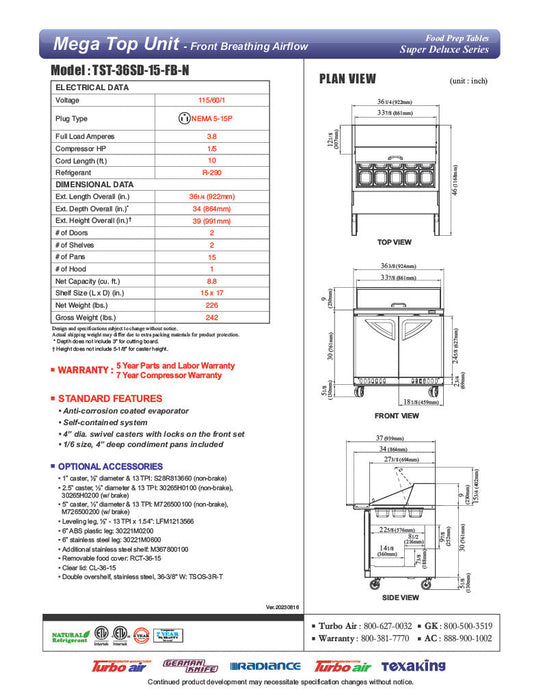 Turbo Air TST-36SD-15-FB-N 36-1/4"  Super Deluxe Mega Top Sandwich/Salad Prep Table - Donut-Equipment.com