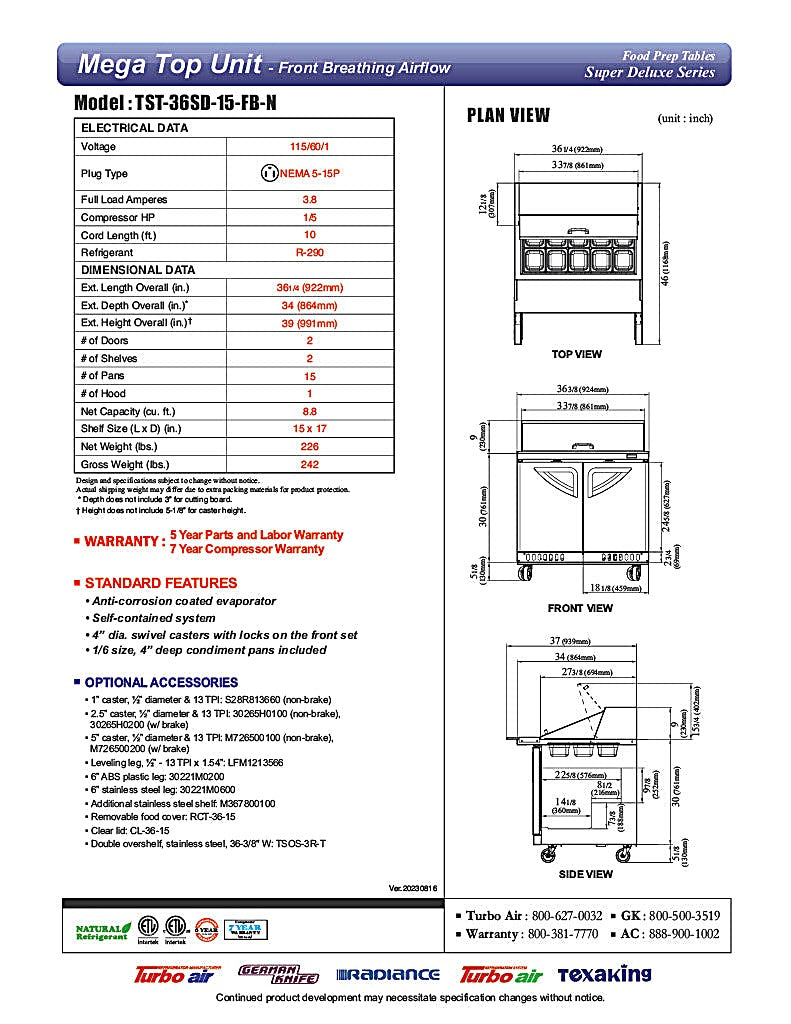 Turbo Air TST-36SD-15-FB-N 36-1/4"  Super Deluxe Mega Top Sandwich/Salad Prep Table - Donut-Equipment.com