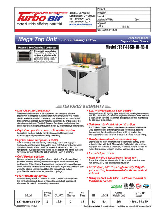 Turbo Air TST-48SD-18-FB-N 48 1/4" Super Deluxe Mega Top Sandwich/Salad Prep Table - Donut-Equipment.com