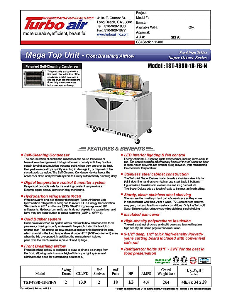 Turbo Air TST-48SD-18-FB-N 48 1/4" Super Deluxe Mega Top Sandwich/Salad Prep Table - Donut-Equipment.com