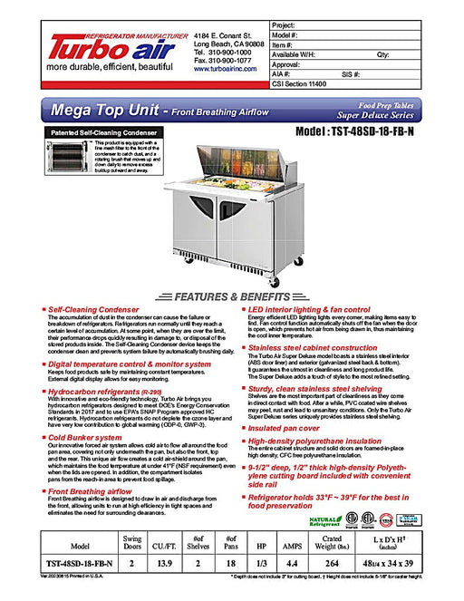 Turbo Air TST-48SD-18-FB-N 48 1/4" Super Deluxe Mega Top Sandwich/Salad Prep Table - Donut-Equipment.com