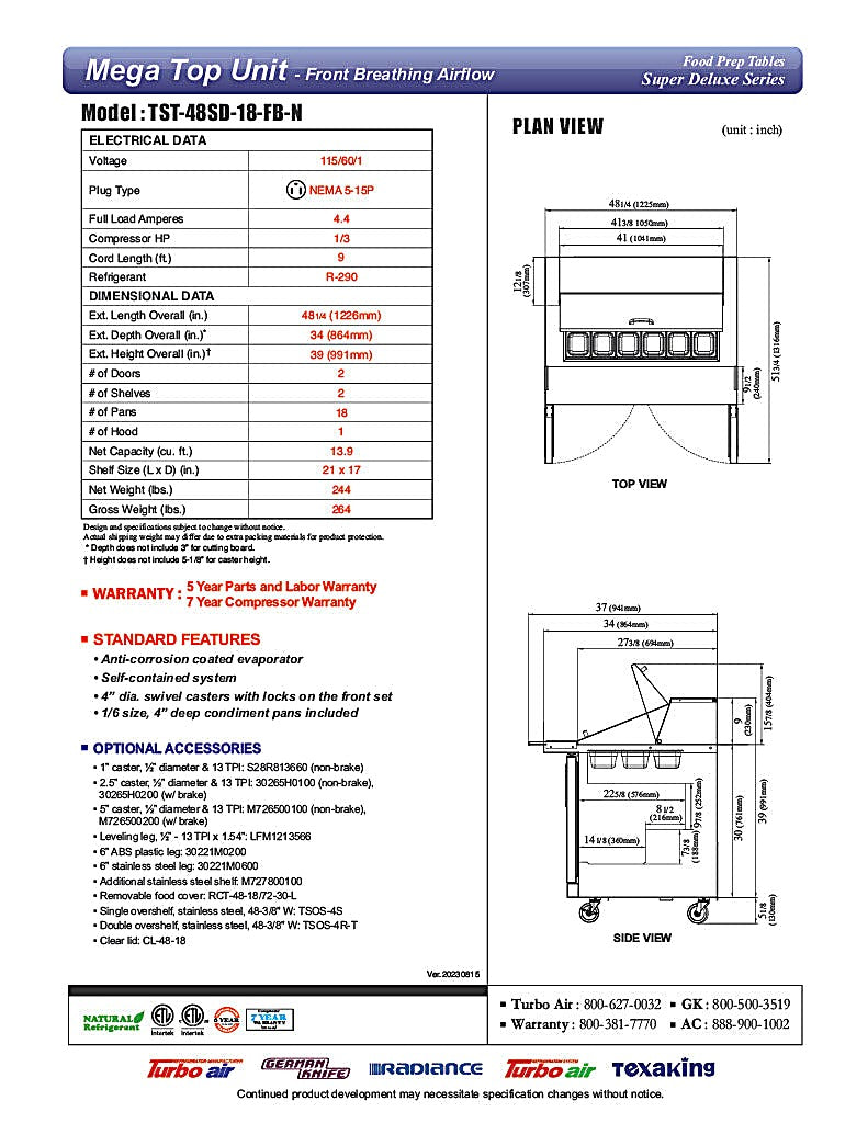 Turbo Air TST-48SD-18-FB-N 48 1/4" Super Deluxe Mega Top Sandwich/Salad Prep Table - Donut-Equipment.com