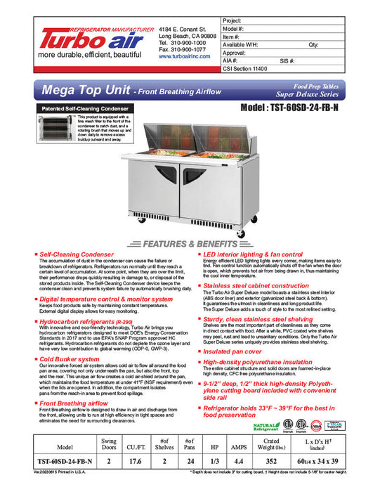 Turbo Air TST-60SD-24-FB-N 60 1/4" Super Deluxe Mega Top Sandwich/Salad Prep Table - Donut-Equipment.com