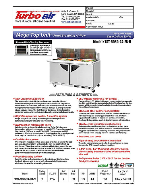 Turbo Air TST-60SD-24-FB-N 60 1/4" Super Deluxe Mega Top Sandwich/Salad Prep Table - Donut-Equipment.com