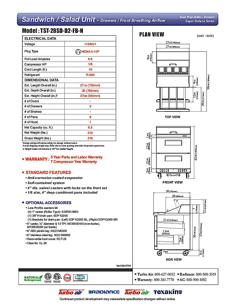 Turbo Air TST-28SD-D2-FB-N 27.50'' Refrigerated Sandwich / Salad Prep Table - Donut-Equipment.com