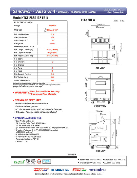 Turbo Air TST-28SD-D2-FB-N 27.50'' Refrigerated Sandwich / Salad Prep Table - Donut-Equipment.com