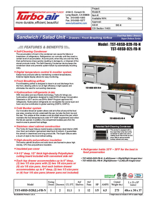 Turbo Air TST-48SD-D2R(L)-FB-N 48 1/4" Super Deluxe Mega Top Sandwich/Salad Prep Table - Donut-Equipment.com
