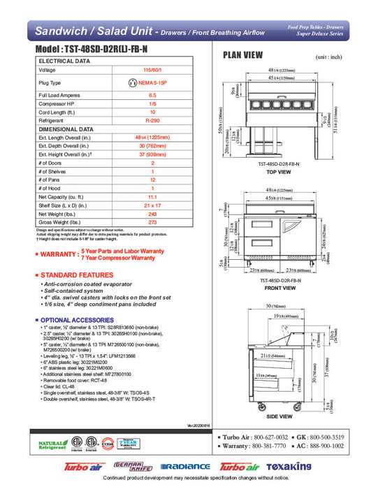 Turbo Air TST-48SD-D2R(L)-FB-N 48 1/4" Super Deluxe Mega Top Sandwich/Salad Prep Table - Donut-Equipment.com