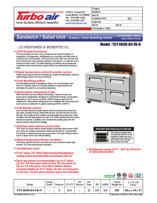 Turbo Air TST-48SD-D4-FB-N 48 1/4" Super Deluxe Mega Top Sandwich/Salad Prep Table - Donut-Equipment.com