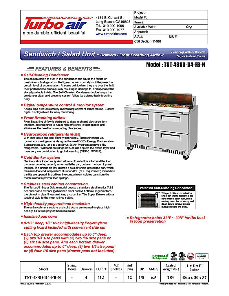 Turbo Air TST-48SD-D4-FB-N 48 1/4" Super Deluxe Mega Top Sandwich/Salad Prep Table - Donut-Equipment.com