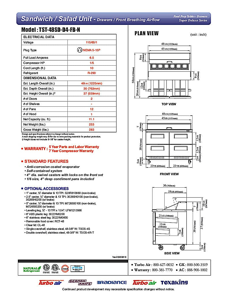 Turbo Air TST-48SD-D4-FB-N 48 1/4" Super Deluxe Mega Top Sandwich/Salad Prep Table - Donut-Equipment.com