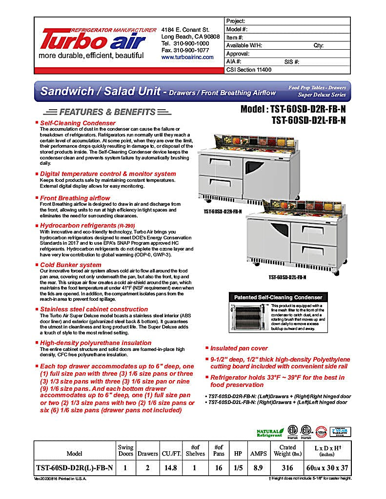 Turbo Air TST-60SD-D2R(L)-FB-N Super Deluxe 60" Sandwich/Salad Prep Table with Drawers and Hinged Door - Donut-Equipment.com