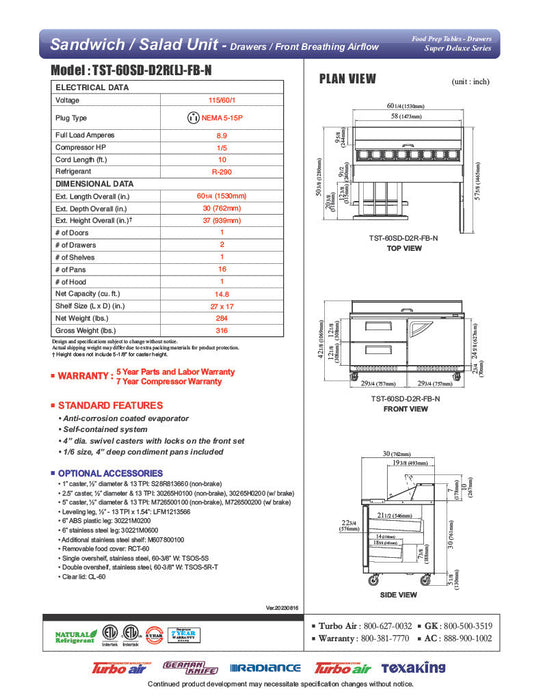 Turbo Air TST-60SD-D2R(L)-FB-N Super Deluxe 60" Sandwich/Salad Prep Table with Drawers and Hinged Door - Donut-Equipment.com